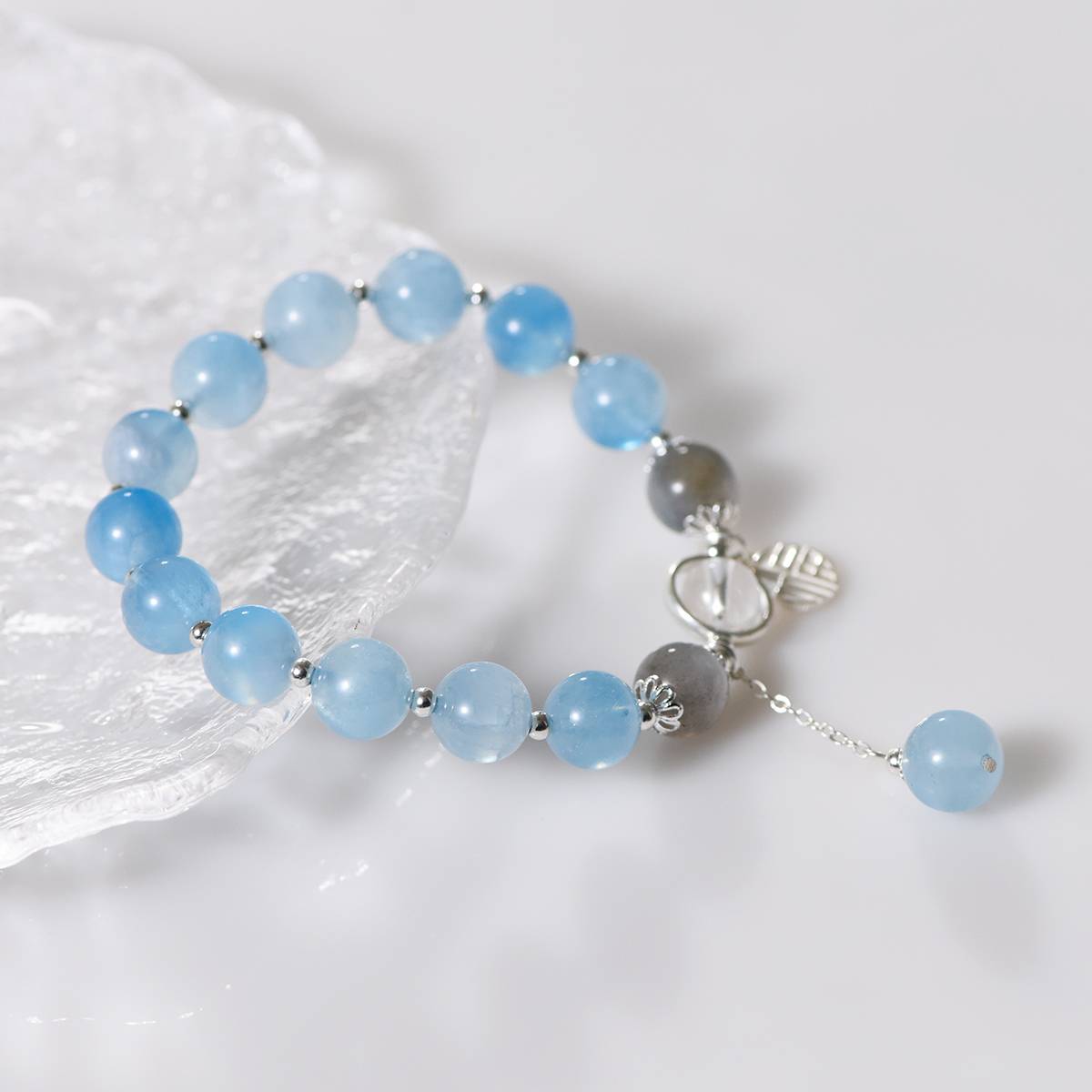 Natural Aquamarine Bracelet with Gray Moonstone