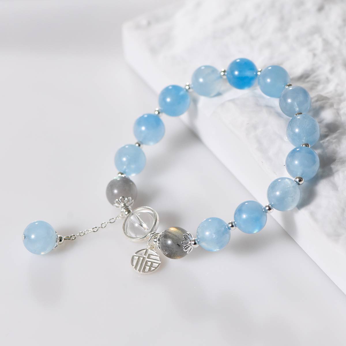 Natural Aquamarine Bracelet with Gray Moonstone