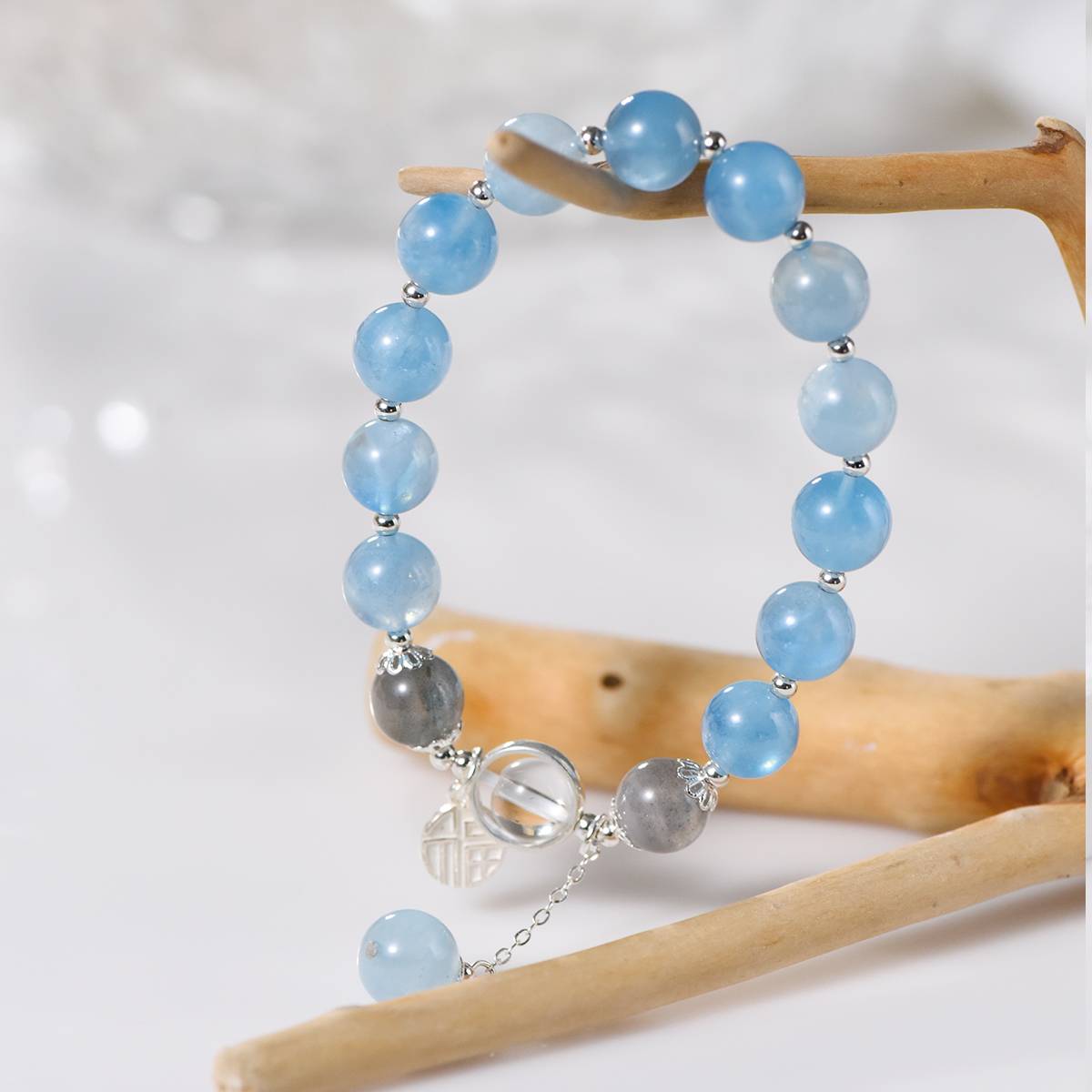 Natural Aquamarine Bracelet with Gray Moonstone