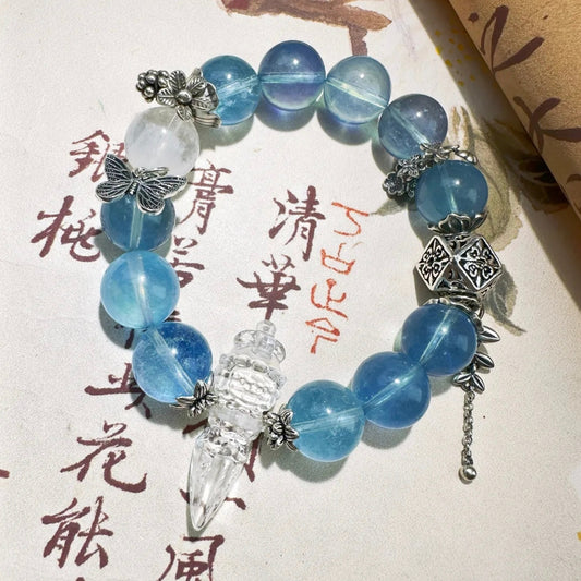 Fantasy Sea-Aquamarine White Ghost Crystal Old Silver Bracelet