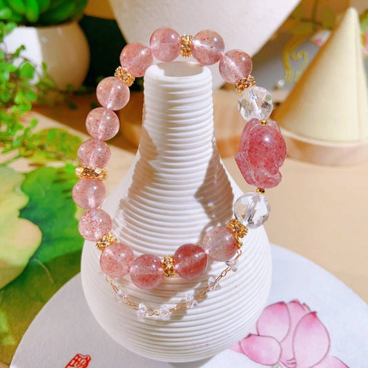 Natural Strawberry Quartz Bracelet Paired with Clear Quartz