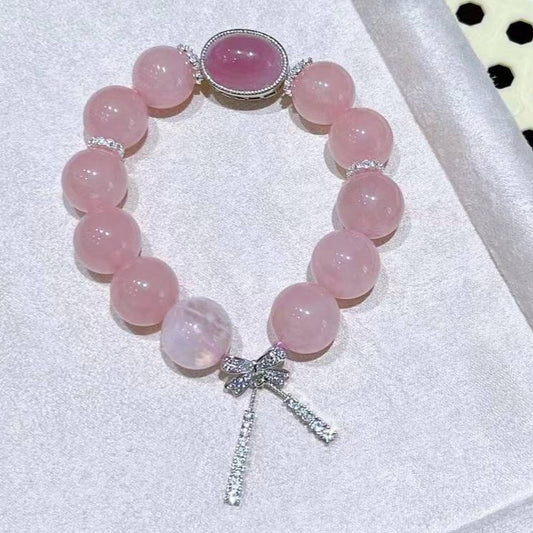 Large Grained Rose Quartz and Morganite Charm Box Bracelet