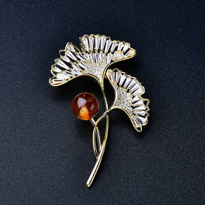 Natural Citrine Ginkgo Leaf Brooch